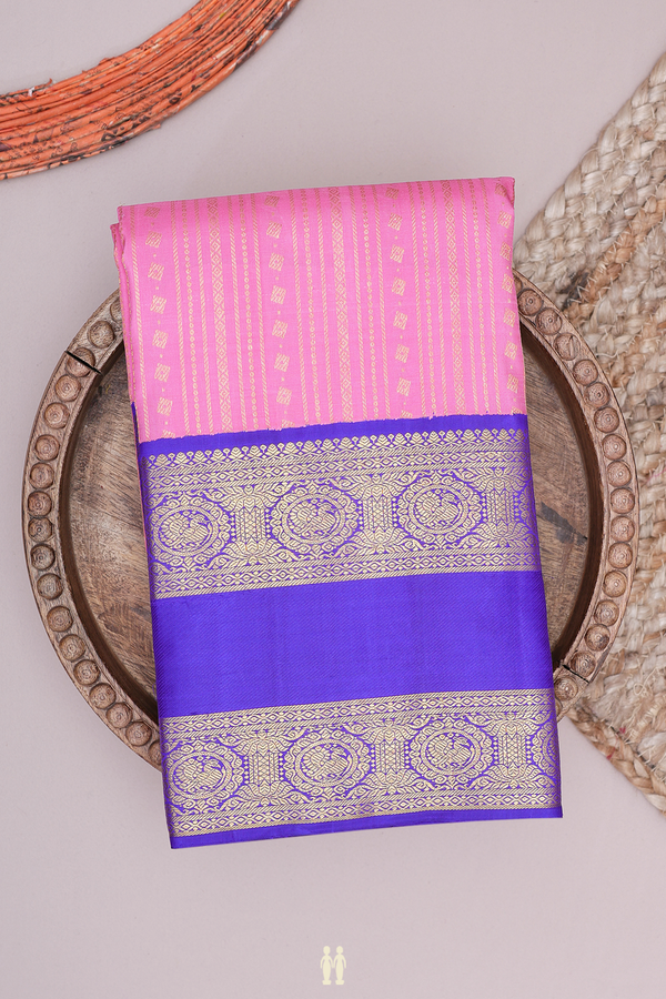 Kanchipuram Silk Saree In Lotus Pink With Stripes Design