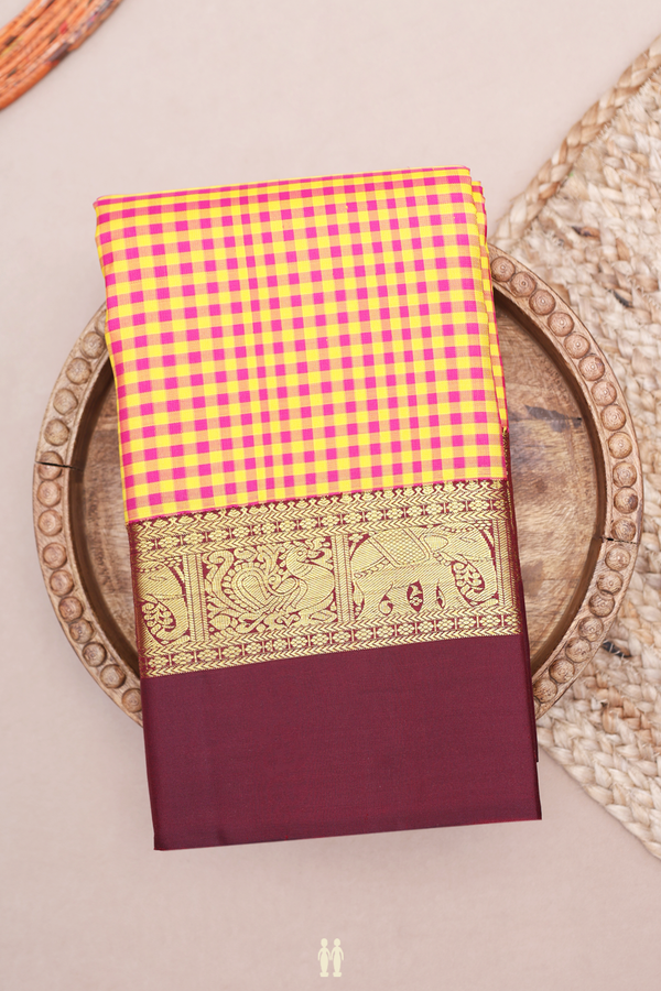 Kanchipuram Silk Saree In Magenta And Yellow With Checked