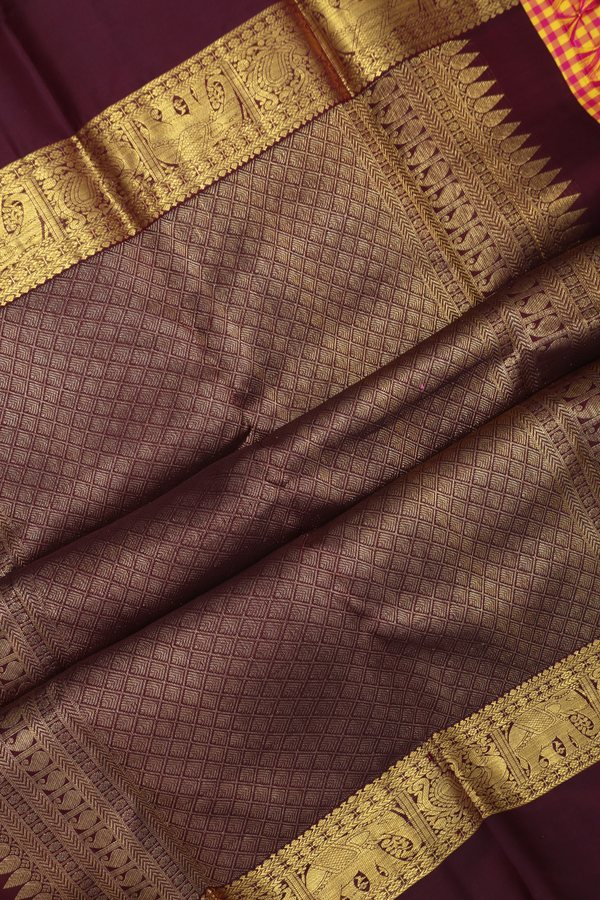 Kanchipuram Silk Saree In Magenta And Yellow With Checked