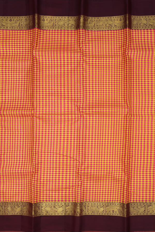 Kanchipuram Silk Saree In Magenta And Yellow With Checked