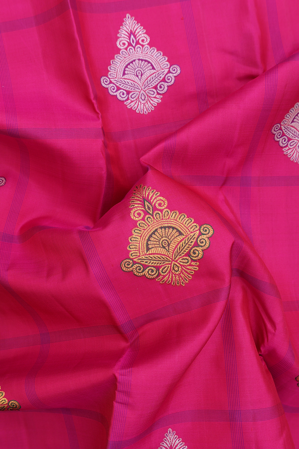Kanchipuram Silk Saree In Magenta With Checks Design