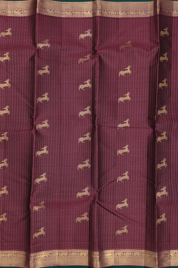 Kanchipuram Silk Saree In Maroon Along Checks With Buttas