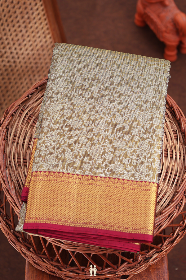Kanchipuram Silk Saree In Greenish Brown With Brocade Design
