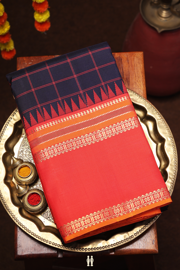 Kanchipuram Silk Saree In Midnight Blue With Checks Design