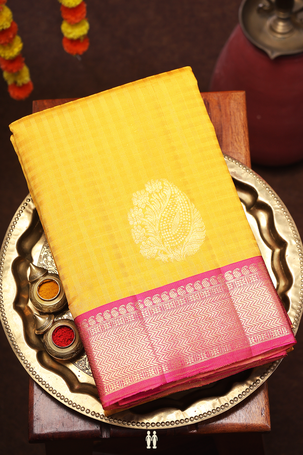 Kanchipuram Silk Saree In Saffron Yellow Checks Along Buttas