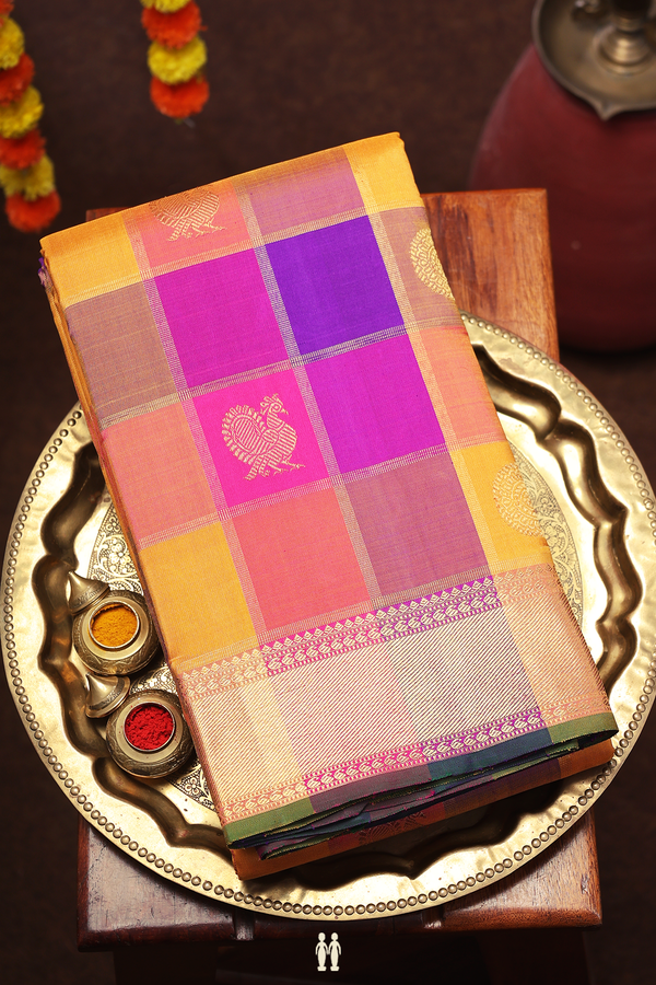 Kanchipuram Silk Saree In Multicolor With Checks Design