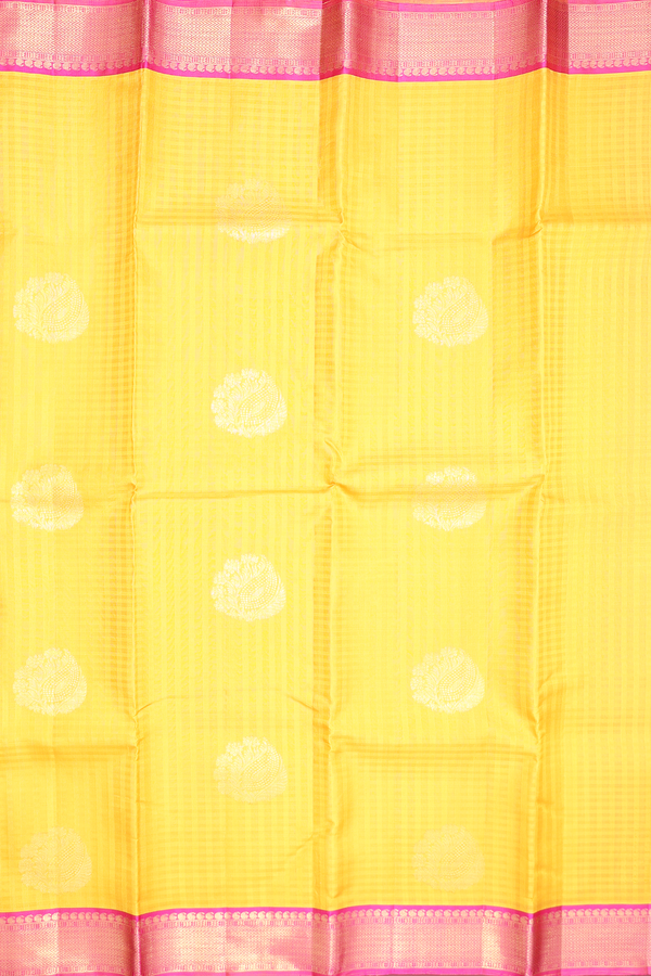 Kanchipuram Silk Saree In Saffron Yellow Checks Along Buttas