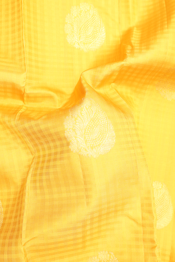 Kanchipuram Silk Saree In Saffron Yellow Checks Along Buttas