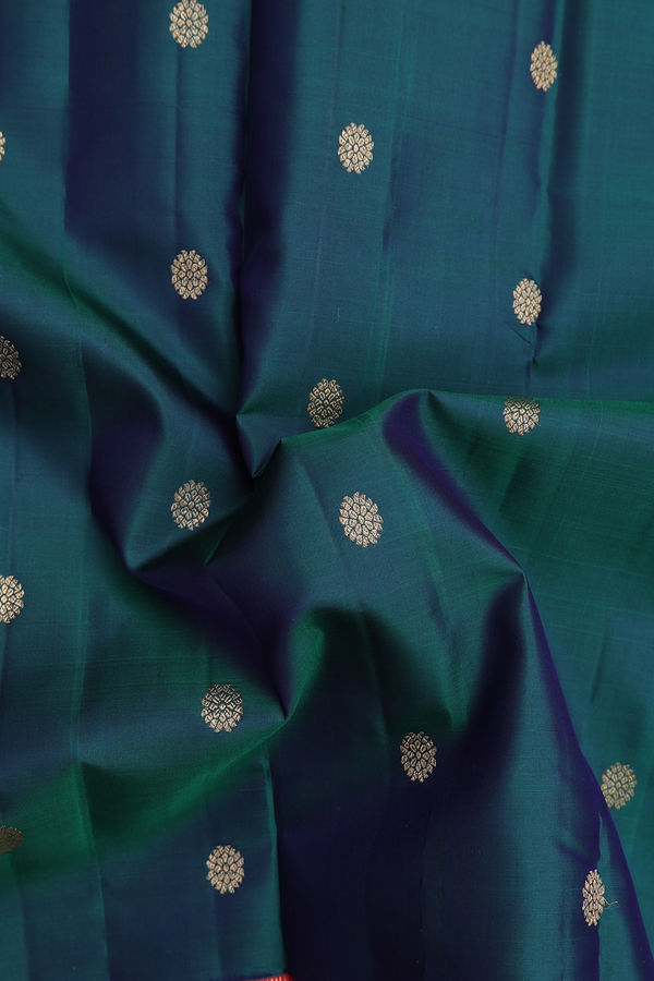 Kanchipuram Silk Saree In Midnight Green With Floral Buttas