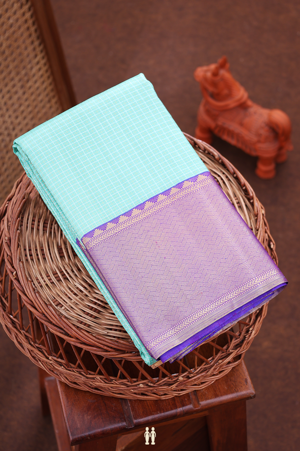 Kanchipuram Silk Saree In Mint Blue With Checks Design