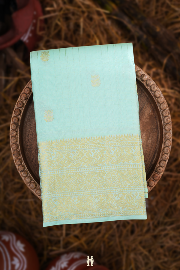 Kanchipuram Silk Saree In Mint Green Checks With Buttas