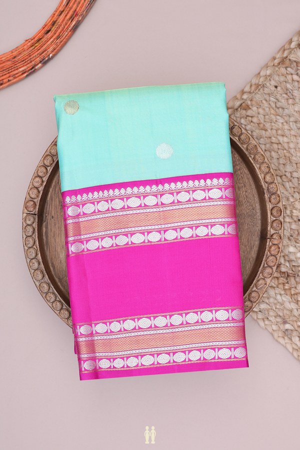 Kanchipuram Silk Saree In Mint Green With Rudraksh Buttas