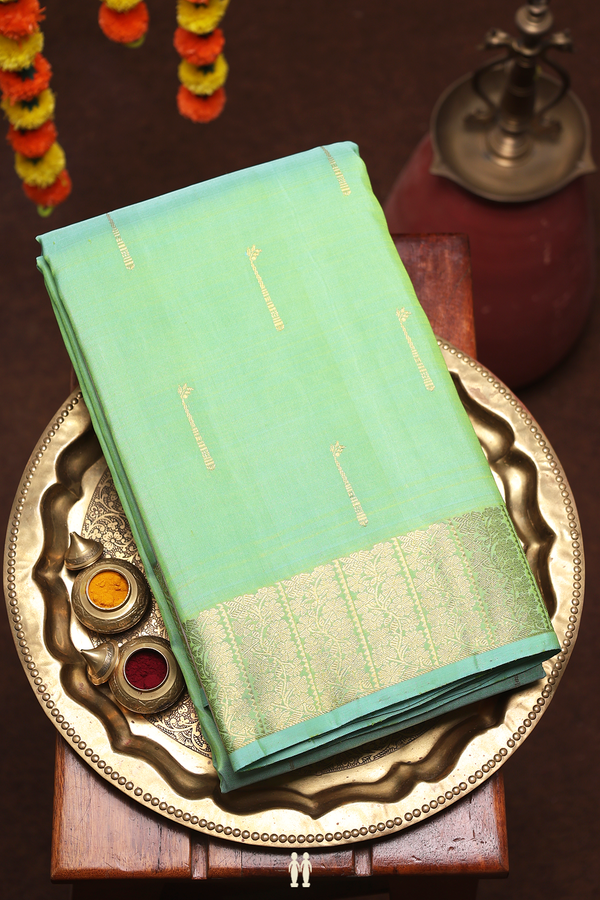Kanchipuram Silk Saree In Mint Green With Zari Buttas