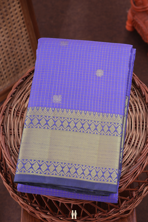 Kanchipuram Silk Saree In Misty Blue With Checks Design