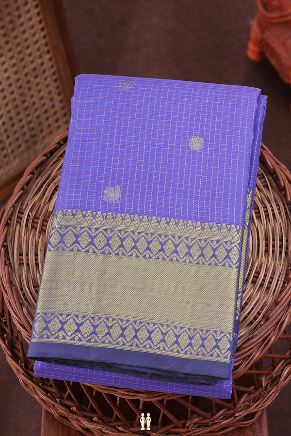 Kanchipuram Silk Saree In Misty Blue With Checks Design