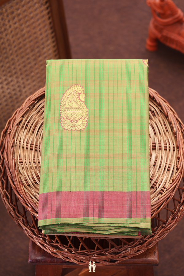 Kanchipuram Silk Saree In Moss Green With Checks Design