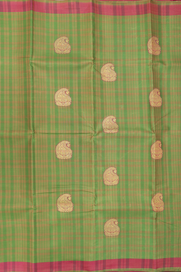 Kanchipuram Silk Saree In Moss Green With Checks Design
