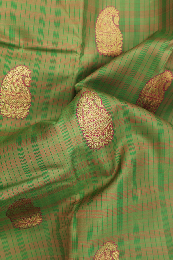 Kanchipuram Silk Saree In Moss Green With Checks Design