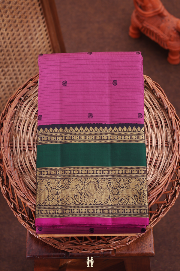 Kanchipuram Silk Saree In Mulberry With Stripes Along Buttas