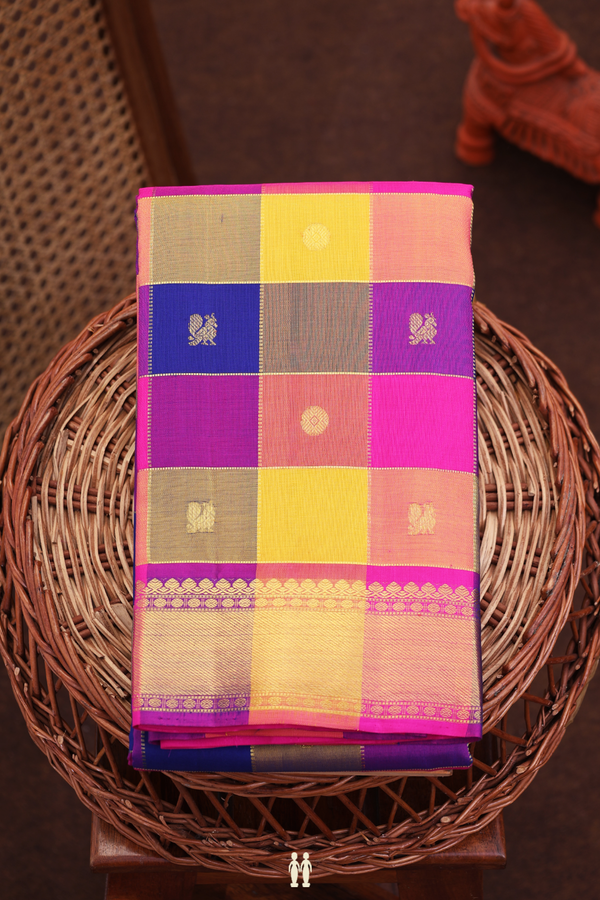 Kanchipuram Silk Saree In Multicolor Along Checks With Buttas