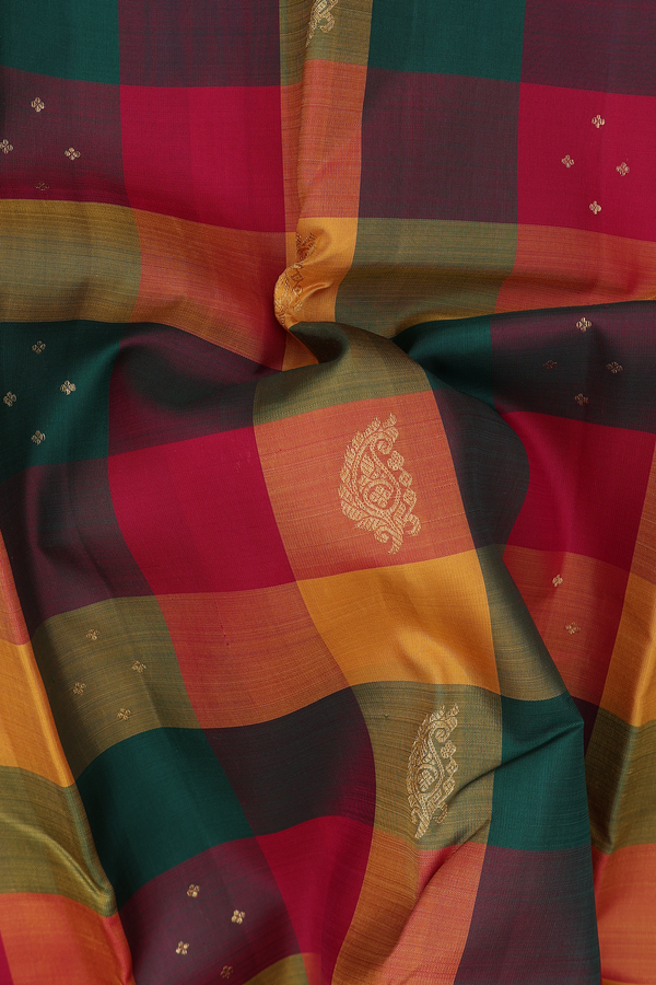 Kanchipuram Silk Saree In Multicolor Along Checks With Buttas