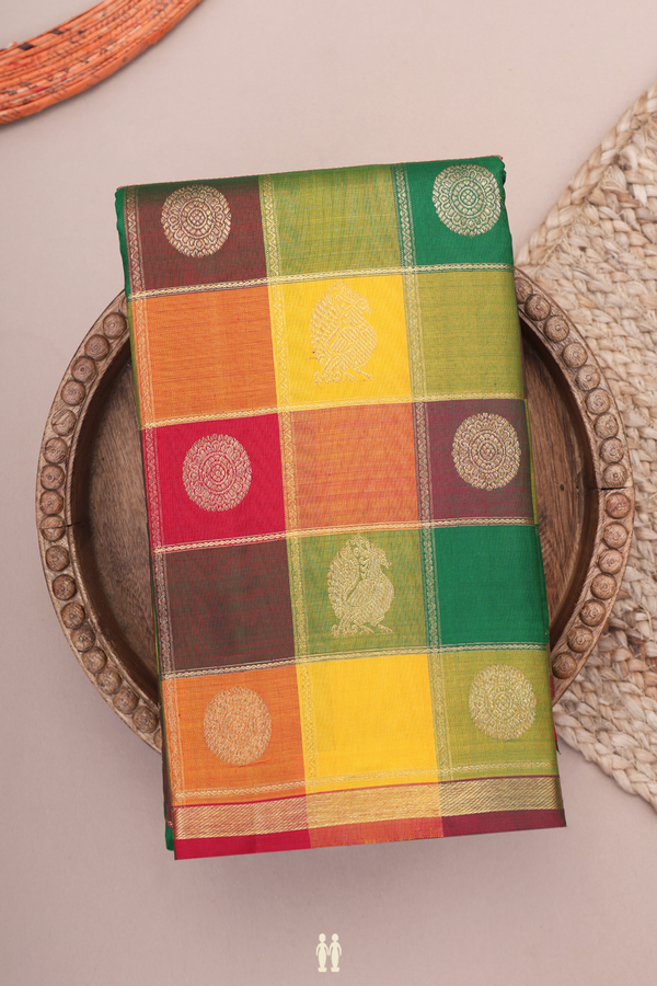 Kanchipuram Silk Saree In Multicolor Along Checks With Buttas