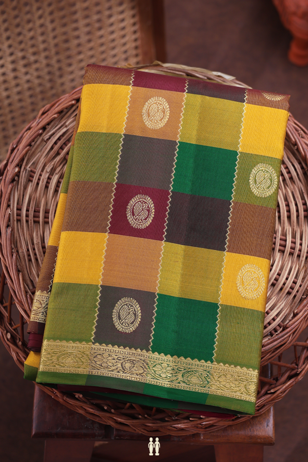 Kanchipuram Silk Saree In Multicolor Along Checks With Buttas