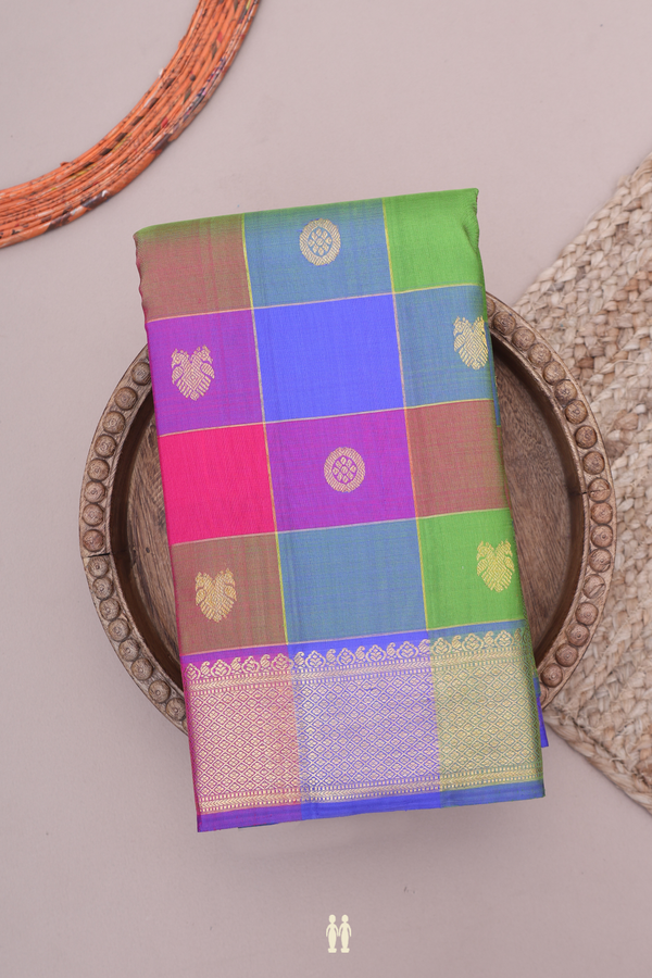 Kanchipuram Silk Saree In Multicolor Along Checks With Buttas