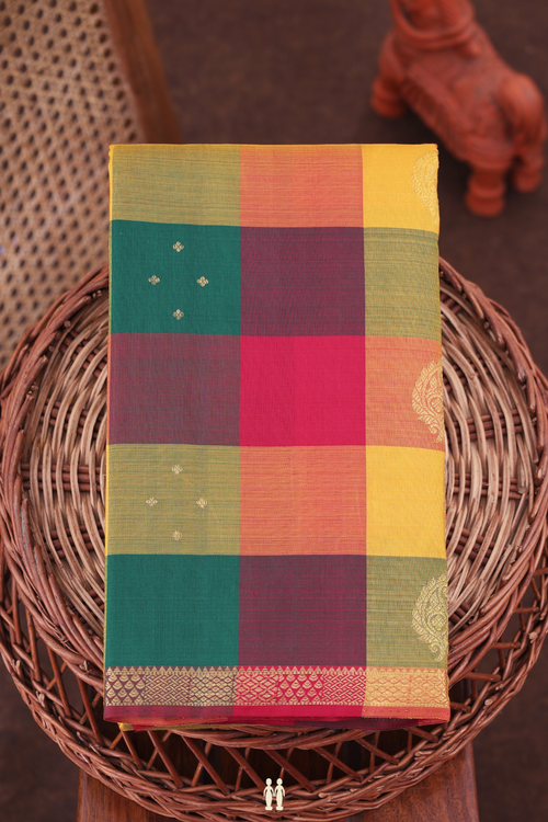 Kanchipuram Silk Saree In Multicolor Along Checks With Buttas