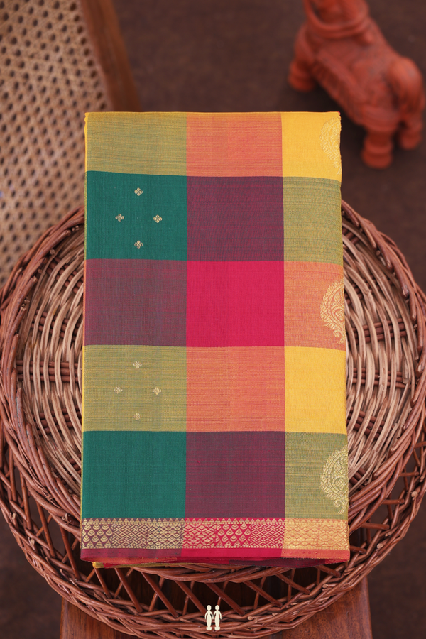Kanchipuram Silk Saree In Multicolor Along Checks With Buttas