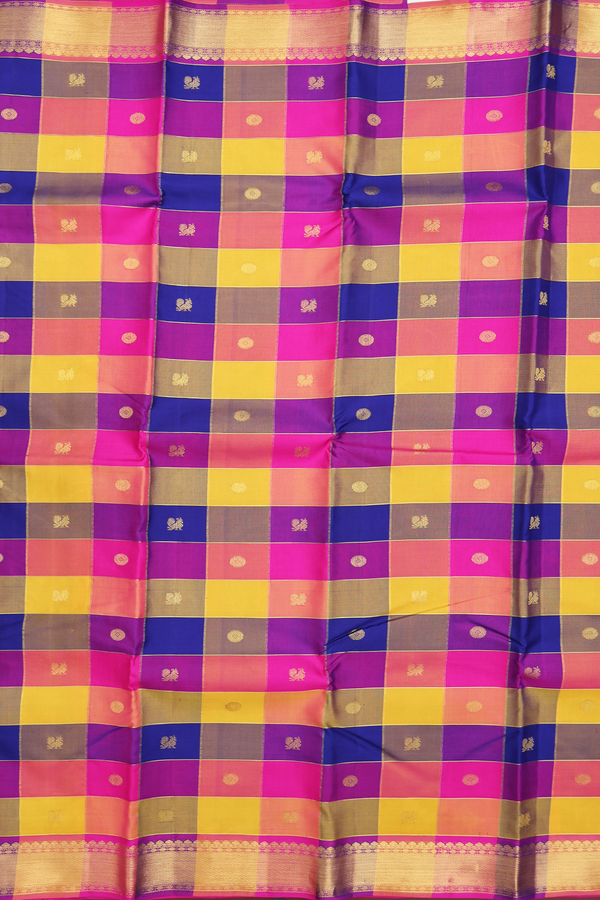 Kanchipuram Silk Saree In Multicolor Along Checks With Buttas