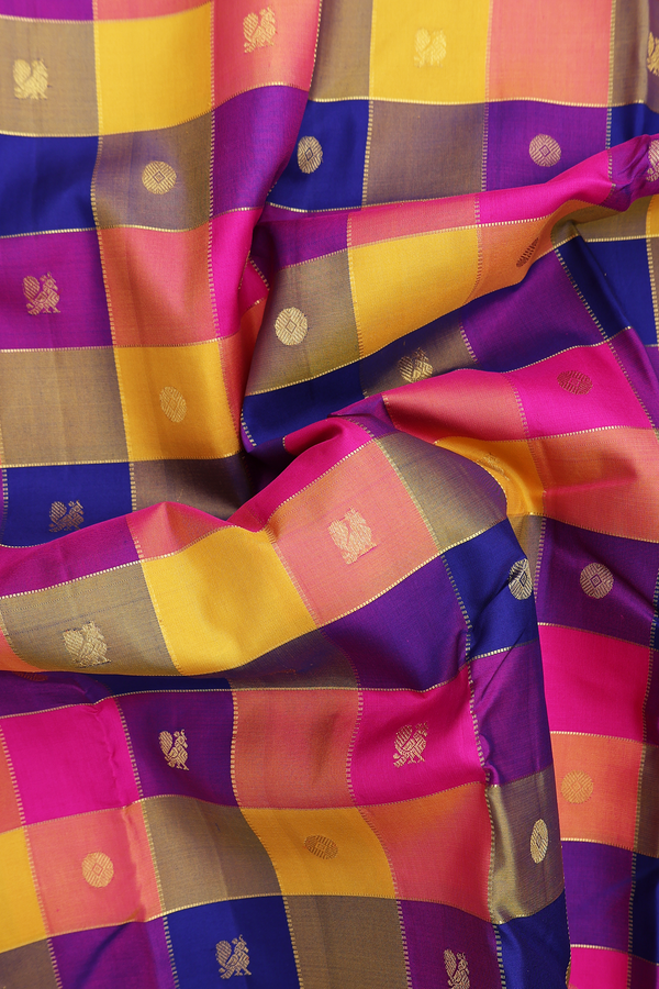 Kanchipuram Silk Saree In Multicolor Along Checks With Buttas