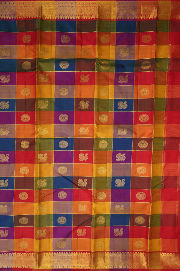 Kanchipuram Silk Saree In Multicolor Along Checks With Buttas