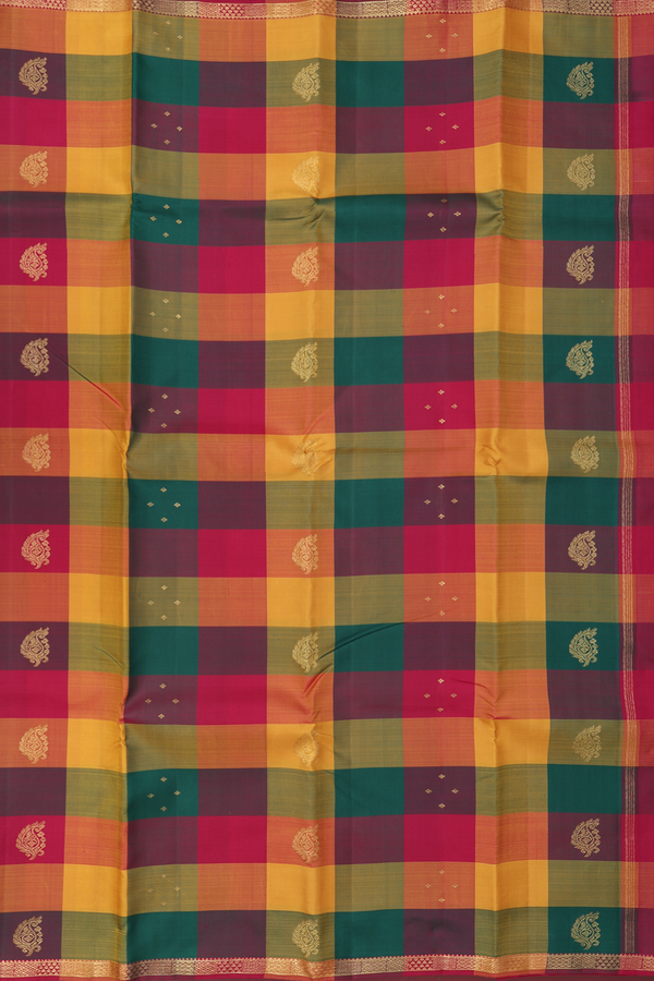 Kanchipuram Silk Saree In Multicolor Along Checks With Buttas