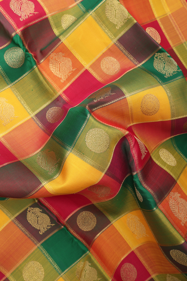 Kanchipuram Silk Saree In Multicolor Along Checks With Buttas