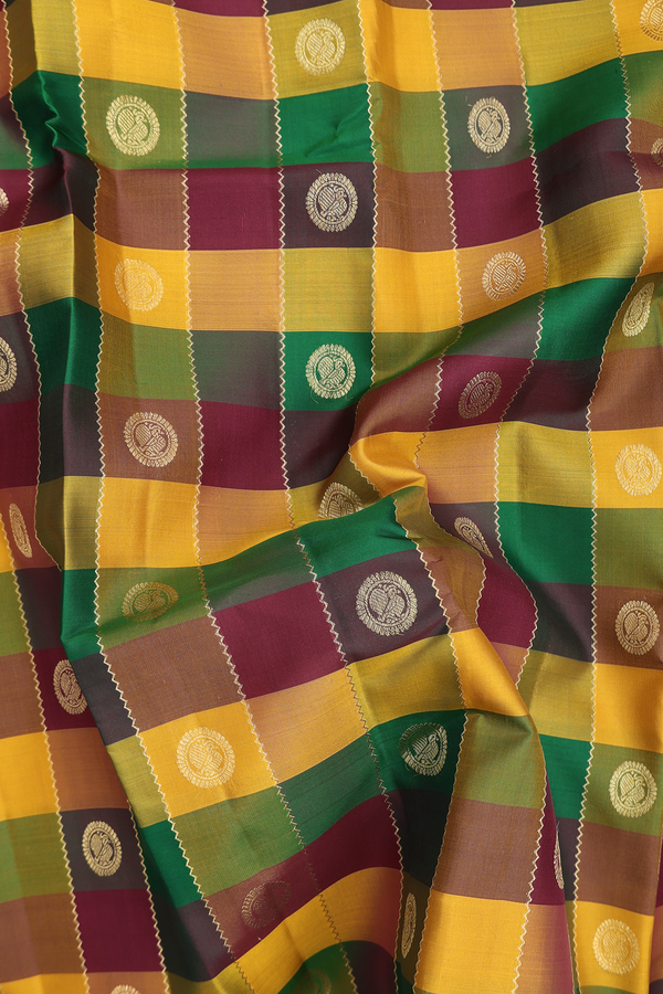 Kanchipuram Silk Saree In Multicolor Along Checks With Buttas