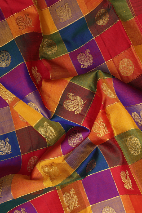 Kanchipuram Silk Saree In Multicolor Along Checks With Buttas