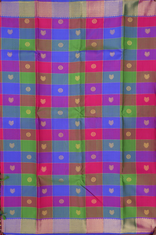 Kanchipuram Silk Saree In Multicolor Along Checks With Buttas