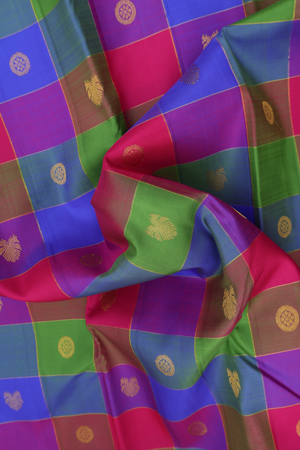 Kanchipuram Silk Saree In Multicolor Along Checks With Buttas