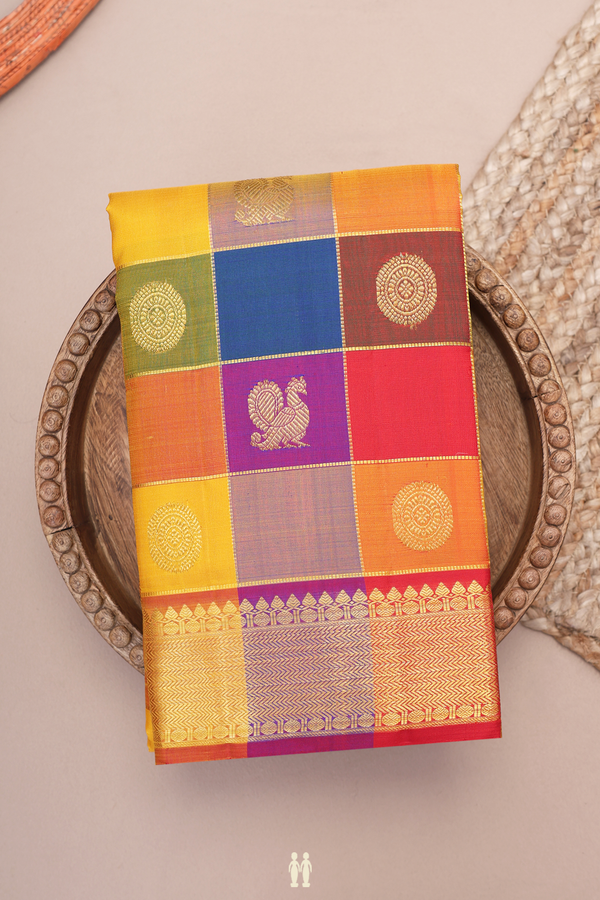 Kanchipuram Silk Saree In Multicolor Along Checks With Buttas