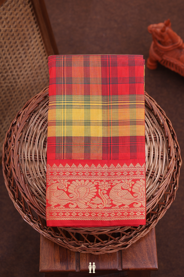 Kanchipuram Silk Saree In Red And Yellow With Checks Design