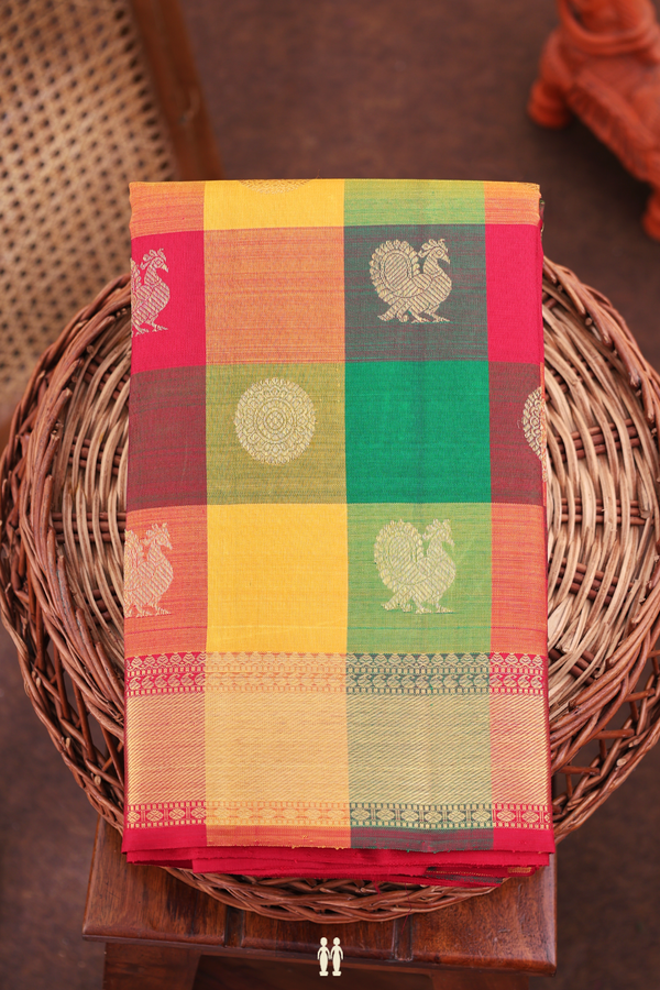 Kanchipuram Silk Saree In Multicolor With Checks Design