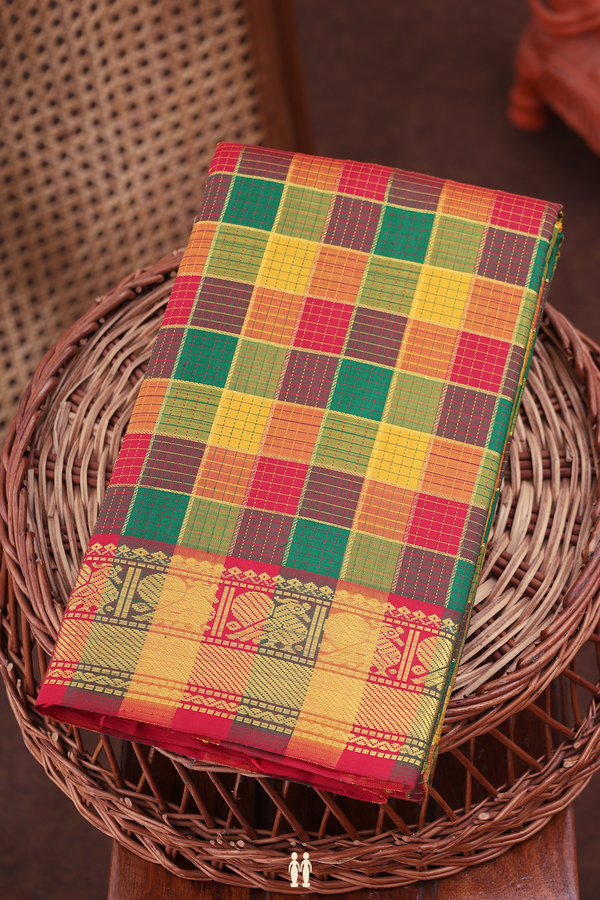 Kanchipuram Silk Saree In Multicolor With Checks Design