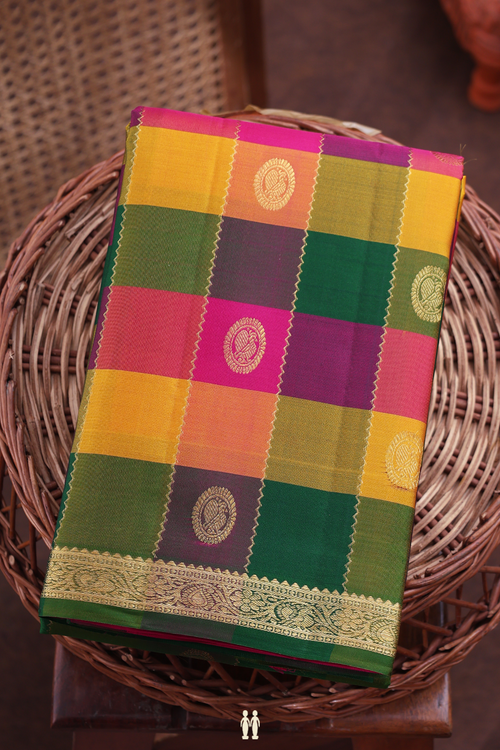Kanchipuram Silk Saree In Multicolor With Checks Design