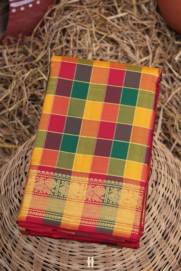 Kanchipuram Silk Saree In Multicolor With Checks Design