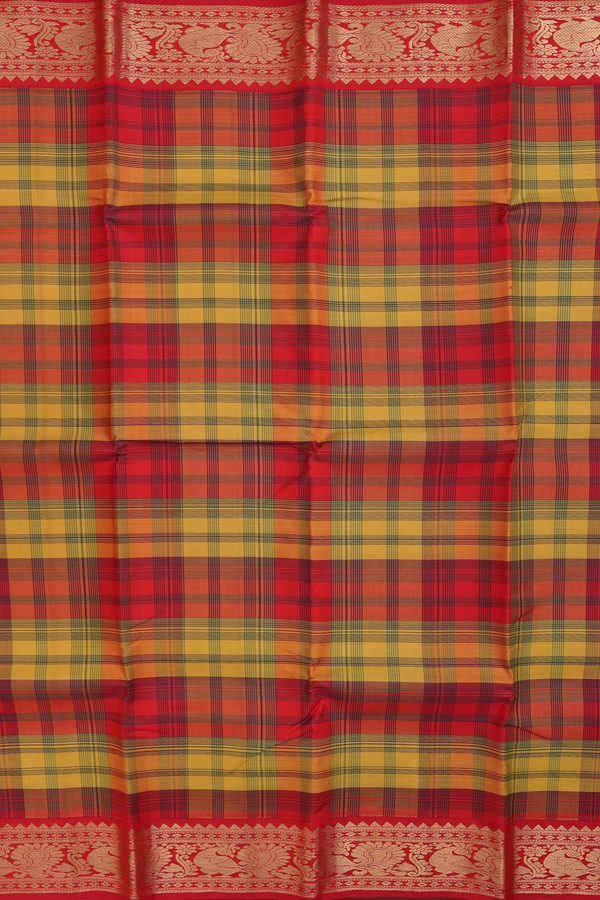 Kanchipuram Silk Saree In Red And Yellow With Checks Design
