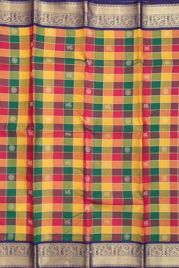 Kanchipuram Silk Saree In Multicolor With Checks Design