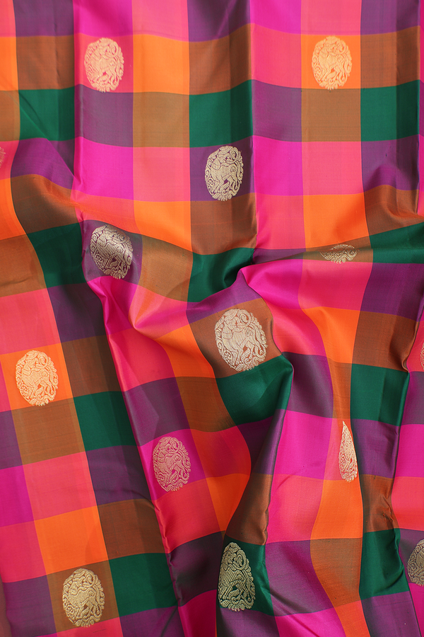 Kanchipuram Silk Saree In Multicolor With Checks Design