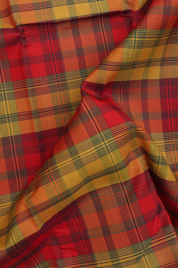 Kanchipuram Silk Saree In Red And Yellow With Checks Design
