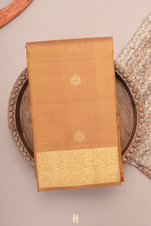 Kanchipuram Silk Saree In Mustard Brown With Zari Buttas